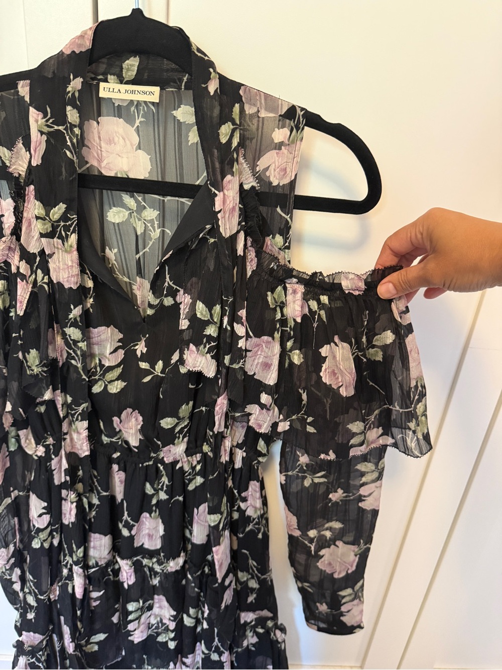 Ulla Johnson Marion Dress Silk Chiffon Cold Shoulder Black w Blush Floral Size 0 - Picture 7 of 14